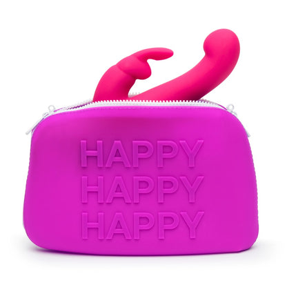 Happy Rabbit Zip Bag in Pink – Produktansicht der Toy-Aufbewahrung zusammen mit einem pinkfarbenen Toy – erhältlich bei Evoria Care