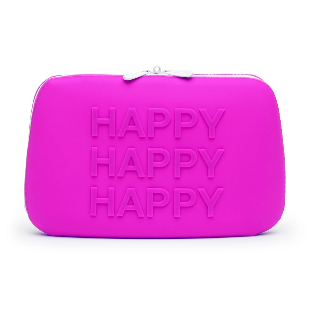 Happy Rabbit Zip Bag in Pink – Rückansicht der Silikon-Aufbewahrung mit geprägtem HAPPY RABBIT Schriftzug – erhältlich bei Evoria Care