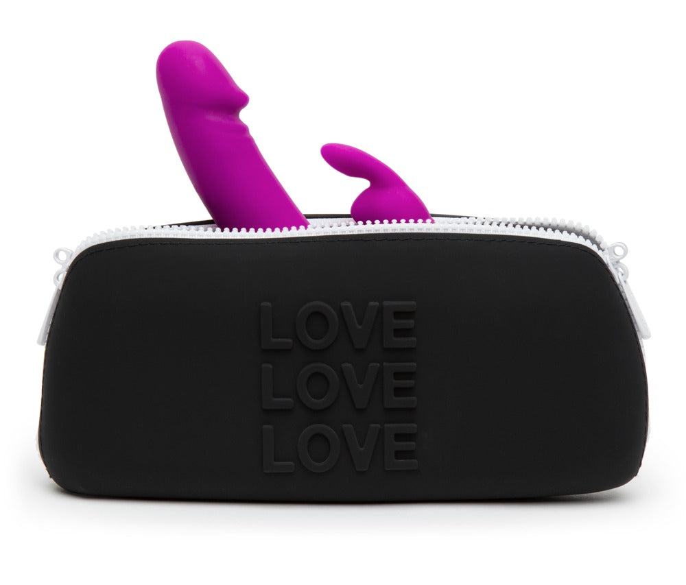 Happy Rabbit Zip Bag in Schwarz – geöffnete Toy-Aufbewahrung mit sichtbarem Innenraum und eingelegtem Toy – erhältlich bei Evoria Care