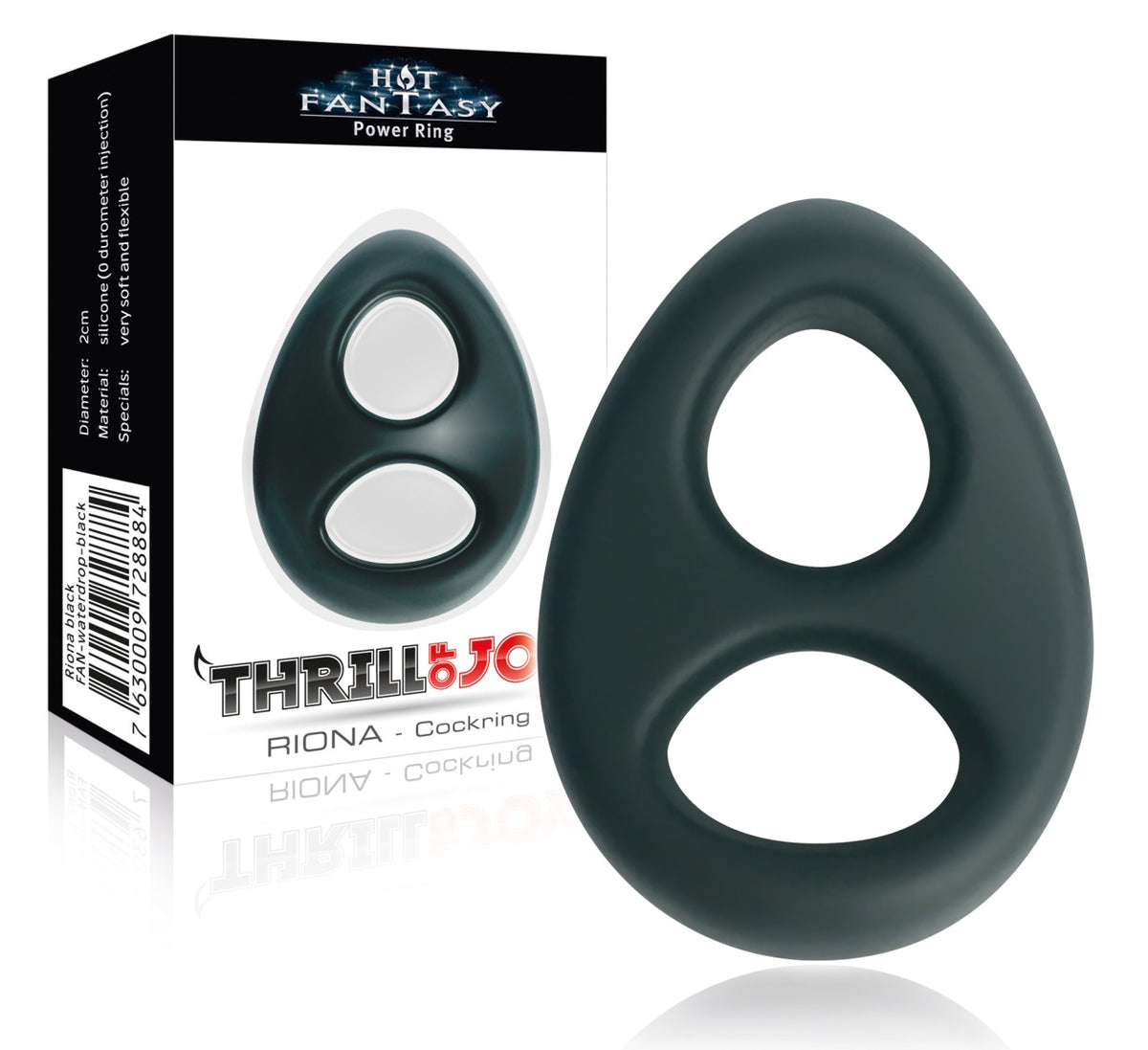 HOT FANTASY Thrill of Joy Power-Ring Type 2 schwarzer Doppel-Penisring mit zwei ovalen Öffnungen und abgerundeten Kanten, dargestellt neben der schwarz-weißen Originalverpackung mit Thrill-of-Joy-Schriftzug – erhältlich bei Evoria Care