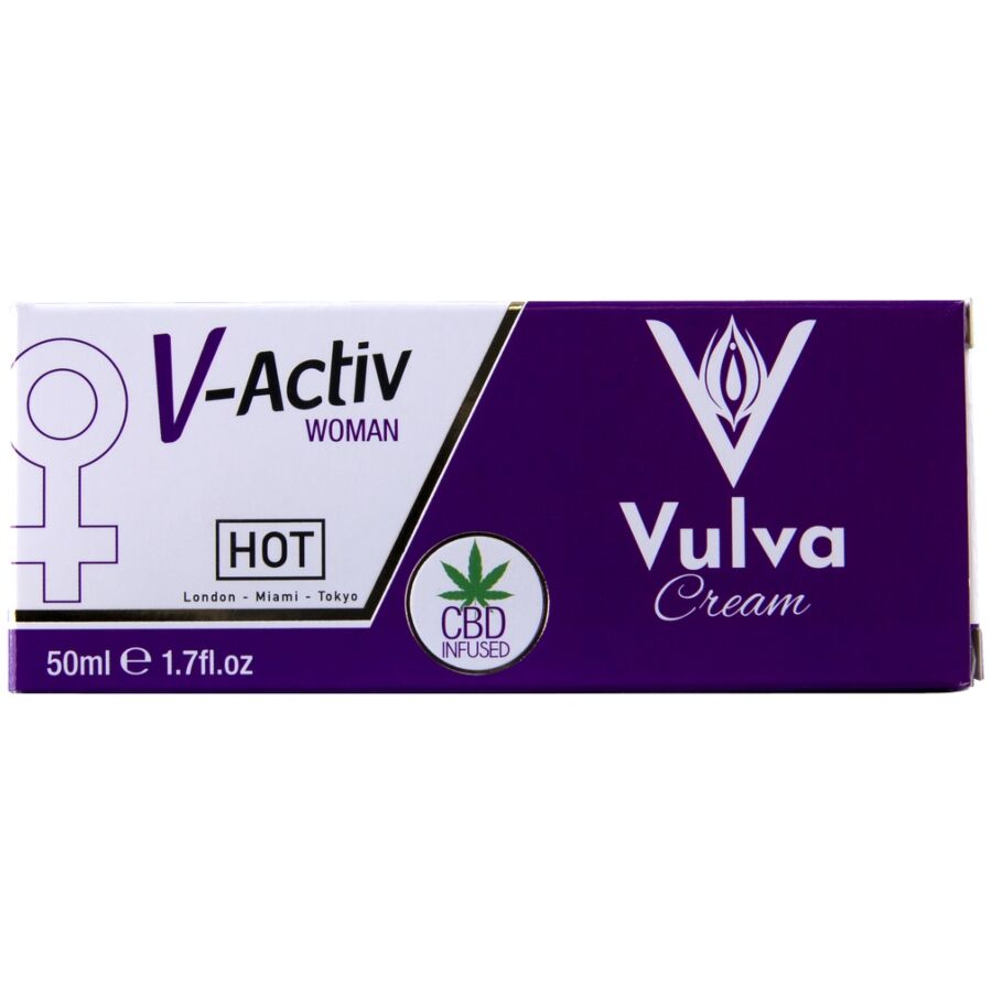 HOT V-ACTIV CBD Intimcreme Vulva – rechteckige weiß-violette Originalverpackung mit V-Activ Markenlogo, CBD Vulva Schriftzug und dekorativen Grafikelementen in waagerechter Vorderansicht – erhältlich bei Evoria Care