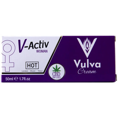 HOT V-ACTIV CBD Intimcreme Vulva – rechteckige weiß-violette Originalverpackung mit V-Activ Markenlogo, CBD Vulva Schriftzug und dekorativen Grafikelementen in waagerechter Vorderansicht – erhältlich bei Evoria Care