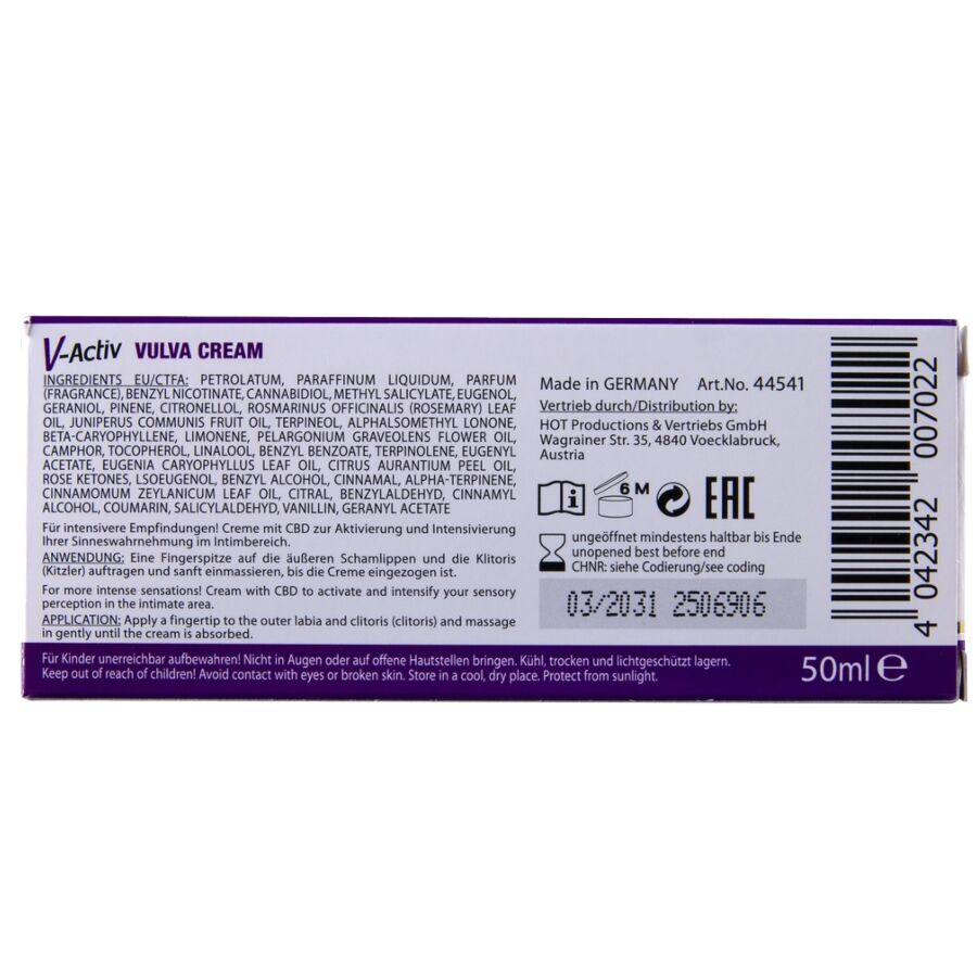 HOT V-ACTIV CBD Intimcreme Vulva – Rückseite der weiß-violetten Originalverpackung mit ausführlichen Produktinformationen, mehrzeiligem Text und violettem Rand in waagerechter Ansicht – erhältlich bei Evoria Care
