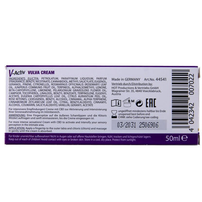 HOT V-ACTIV CBD Intimcreme Vulva – Rückseite der weiß-violetten Originalverpackung mit ausführlichen Produktinformationen, mehrzeiligem Text und violettem Rand in waagerechter Ansicht – erhältlich bei Evoria Care