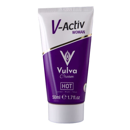 HOT V-ACTIV CBD Intimcreme Vulva – weiße Tube mit violettem Etikett, V-Activ Markenlogo, CBD Vulva Schriftzug und weißem Verschluss in aufrechter Vorderansicht – erhältlich bei Evoria Care