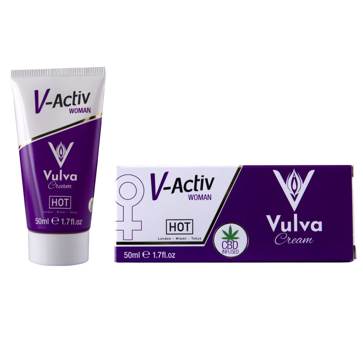 HOT V-ACTIV CBD Intimcreme Vulva – weiße Cremetube mit violettem Produktetikett und V-Activ Schriftzug neben der weiß-violetten Originalverpackung mit CBD Vulva Beschriftung auf weißem Hintergrund – erhältlich bei Evoria Care