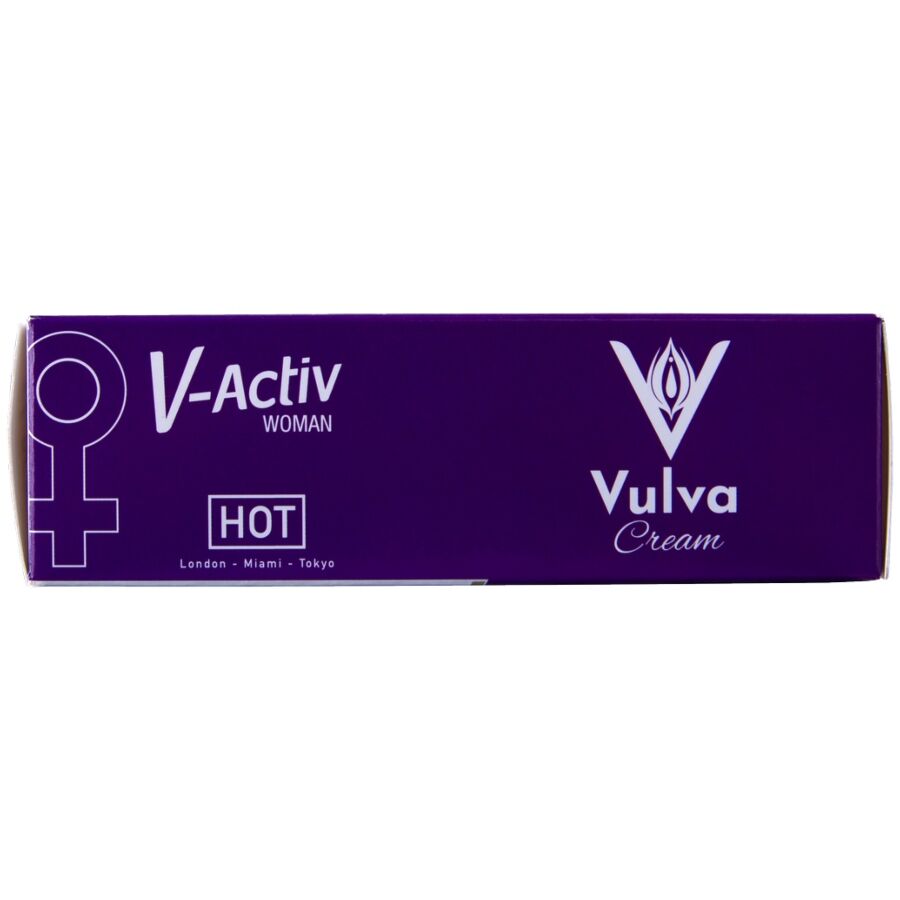 HOT V-ACTIV CBD Intimcreme Vulva – violette Seitenfläche der Originalverpackung mit weißem V-Activ Schriftzug, CBD Vulva Produktbezeichnung und dekorativen Designelementen in waagerechter Ansicht – erhältlich bei Evoria Care