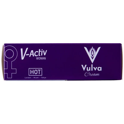 HOT V-ACTIV CBD Intimcreme Vulva – violette Seitenfläche der Originalverpackung mit weißem V-Activ Schriftzug, CBD Vulva Produktbezeichnung und dekorativen Designelementen in waagerechter Ansicht – erhältlich bei Evoria Care
