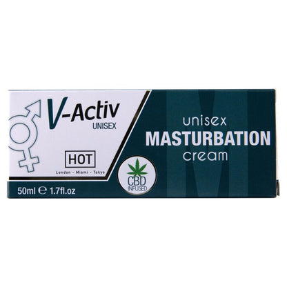 HOT V-ACTIV CBD Masturbationscreme – rechteckige weiß-dunkelgrüne Originalverpackung mit V-Activ Markenlogo, CBD Masturbation Cream Schriftzug und dekorativen Grafikelementen in waagerechter Vorderansicht – erhältlich bei Evoria Care