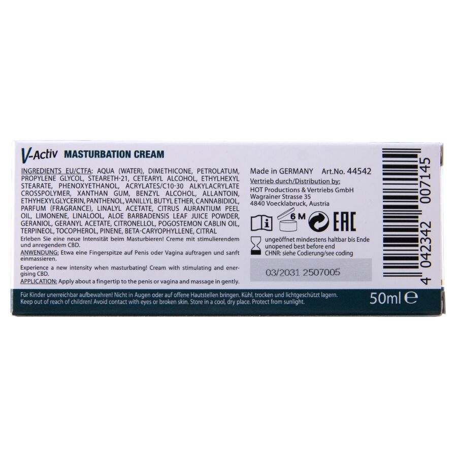 HOT V-ACTIV CBD Masturbationscreme – Rückseite der weiß-dunkelgrünen Originalverpackung mit ausführlichen Produktinformationen, mehrzeiligem Text und aufgedruckten Angaben in waagerechter Ansicht – erhältlich bei Evoria Care