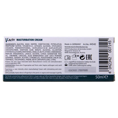 HOT V-ACTIV CBD Masturbationscreme – Rückseite der weiß-dunkelgrünen Originalverpackung mit ausführlichen Produktinformationen, mehrzeiligem Text und aufgedruckten Angaben in waagerechter Ansicht – erhältlich bei Evoria Care