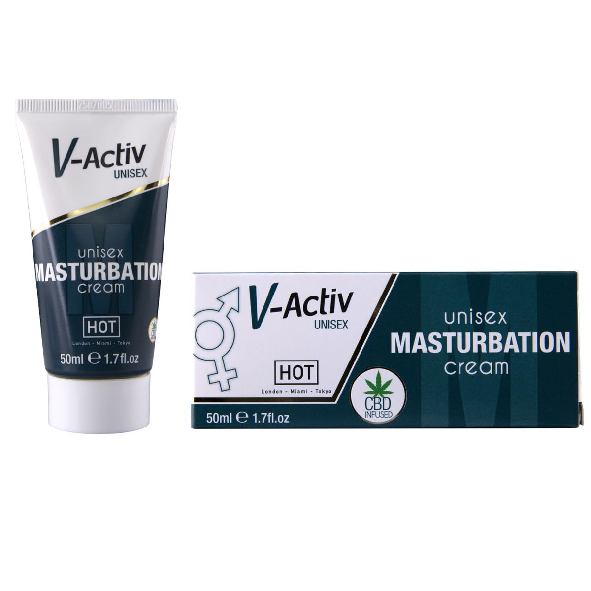HOT V-ACTIV CBD Masturbationscreme – weiße Cremetube mit dunkelgrünem Etikett und V-Activ Schriftzug neben der weiß-dunkelgrünen Originalverpackung mit CBD Masturbation Cream Beschriftung auf weißem Hintergrund – erhältlich bei Evoria Care