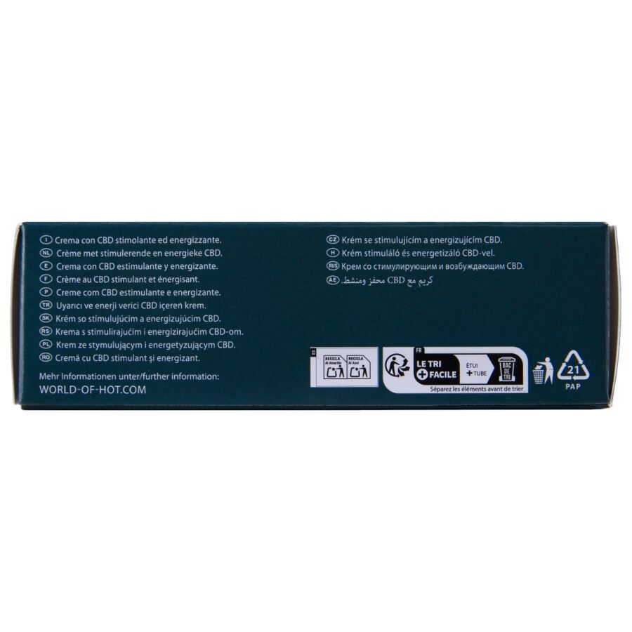HOT V-ACTIV CBD Masturbationscreme – dunkelgrüne Seitenfläche der Originalverpackung mit weißer Produktbeschriftung und dekorativen Designelementen in waagerechter Ansicht auf weißem Hintergrund – erhältlich bei Evoria Care