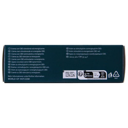 HOT V-ACTIV CBD Masturbationscreme – dunkelgrüne Seitenfläche der Originalverpackung mit weißer Produktbeschriftung und dekorativen Designelementen in waagerechter Ansicht auf weißem Hintergrund – erhältlich bei Evoria Care
