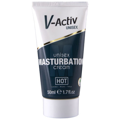 HOT V-ACTIV CBD Masturbationscreme – weiße Tube mit V-Activ Markenlogo, dunkelgrünem Etikett, CBD Masturbation Cream Schriftzug und weißem Verschluss in aufrechter Vorderansicht – erhältlich bei Evoria Care