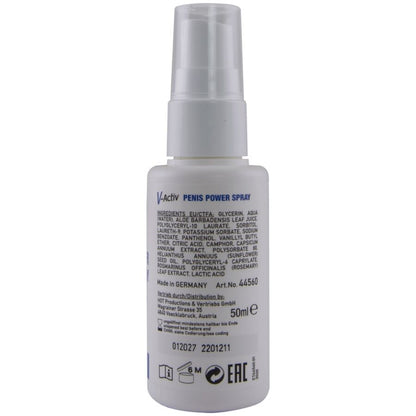 HOT V-ACTIV PENIS POWER – Rückseite der weißen Stimulationsspray-Flasche mit mehrzeiligen Produktinformationen, grauer Beschriftung und transparentem Schutzdeckel – erhältlich bei Evoria Care