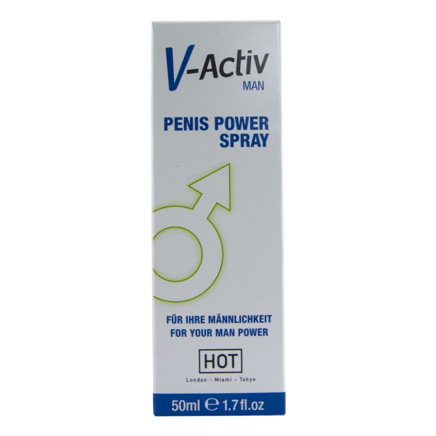 HOT V-ACTIV PENIS POWER – weiß-blaue Originalverpackung des Stimulationssprays mit V-Activ Penis Power Schriftzug, hellblauen Grafikelementen und blauem unteren Verpackungsbereich in frontaler Ansicht – erhältlich bei Evoria Care