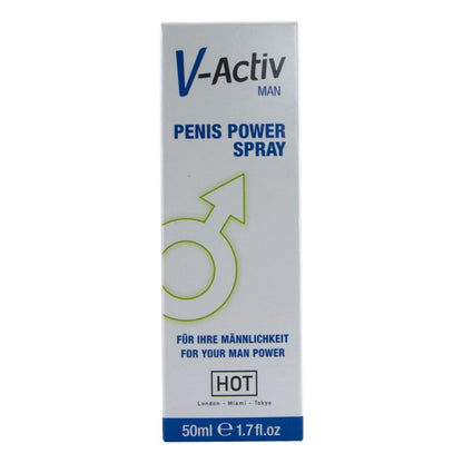 HOT V-ACTIV PENIS POWER – weiß-blaue Originalverpackung des Stimulationssprays mit V-Activ Penis Power Schriftzug, hellblauen Grafikelementen und blauem unteren Verpackungsbereich in frontaler Ansicht – erhältlich bei Evoria Care