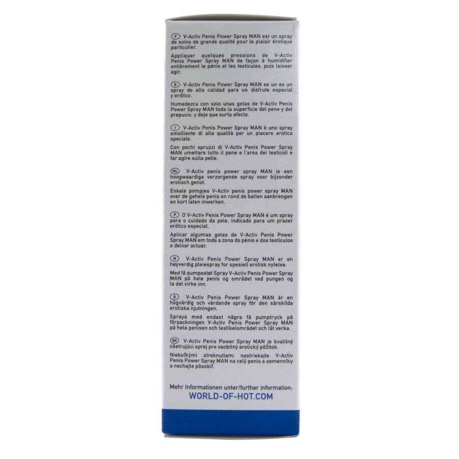 HOT V-ACTIV PENIS POWER – Rückseite der weiß-blauen Originalverpackung mit ausführlichen Produktinformationen, schwarzer Beschriftung und blauem unteren Verpackungsbereich – erhältlich bei Evoria Care