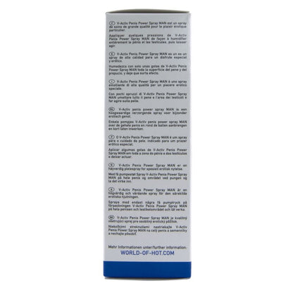 HOT V-ACTIV PENIS POWER – Rückseite der weiß-blauen Originalverpackung mit ausführlichen Produktinformationen, schwarzer Beschriftung und blauem unteren Verpackungsbereich – erhältlich bei Evoria Care