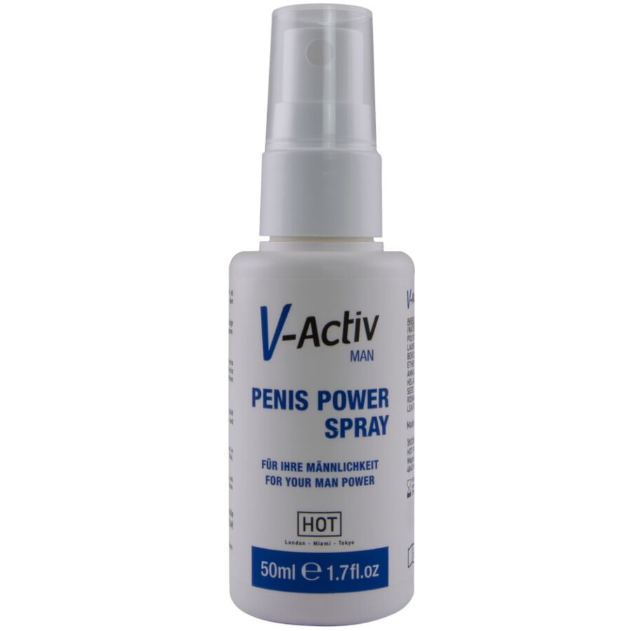 HOT V-ACTIV PENIS POWER – weiße Sprühflasche mit blauem V-Activ Penis Power Schriftzug, silberfarbenem Sprühkopf und transparenter Schutzkappe in aufrechter Vorderansicht auf weißem Hintergrund – erhältlich bei Evoria Care