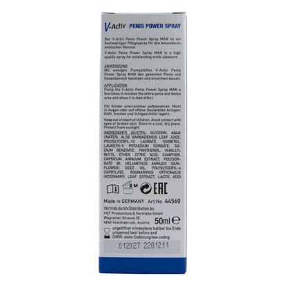 HOT V-ACTIV PENIS POWER – weiße Informationsseite der Originalverpackung mit mehrzeiligem Produkttext, aufgedruckten Angaben und blauem unteren Rand in aufrechter Detailansicht – erhältlich bei Evoria Care