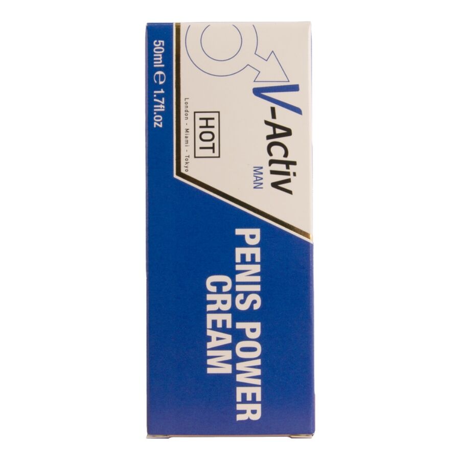 HOT V-ACTIV Peniscreme – schmale Seitenansicht der beige-blauen Originalverpackung mit vertikalem V-Activ Schriftzug, dunkelblauer Seitenfläche und dekorativen Linienmotiven – erhältlich bei Evoria Care