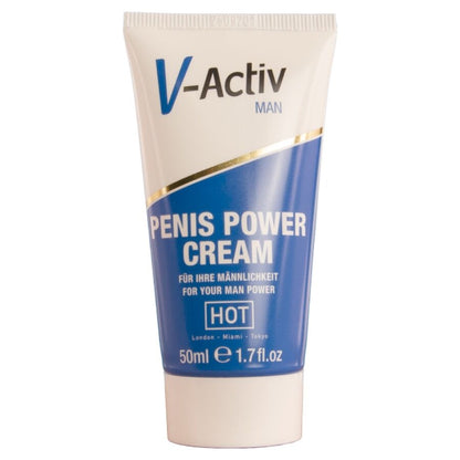 HOT V-ACTIV Peniscreme – beige-weiße Tube mit blauem Penis Power Cream Schriftzug, V-Activ Markenlogo und weißem Verschluss in aufrechter Vorderansicht auf weißem Hintergrund – erhältlich bei Evoria Care