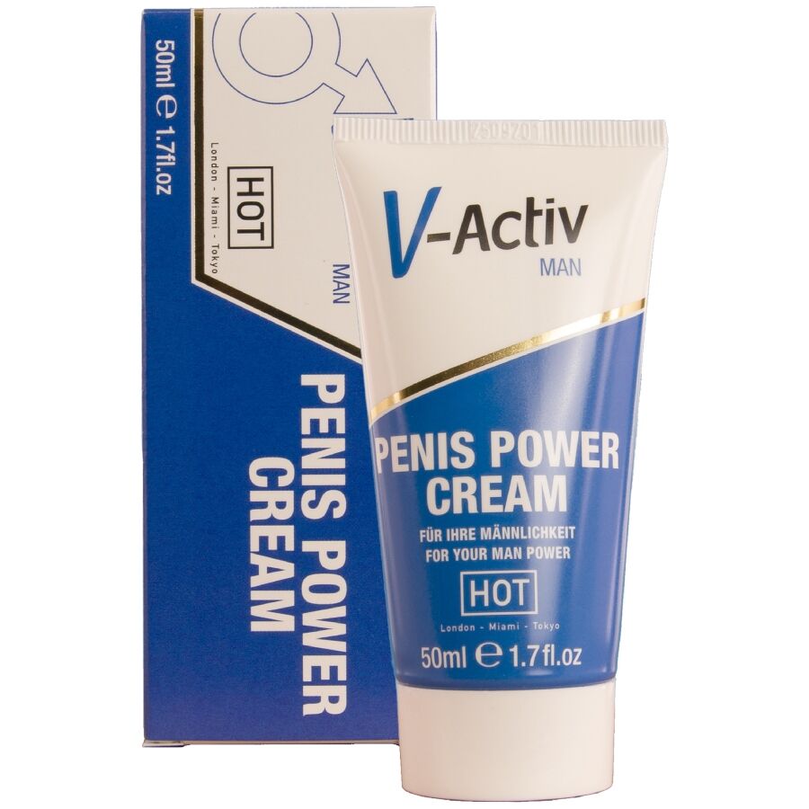 HOT V-ACTIV Peniscreme – beige-weiße Tube der Penis Power Cream mit blauem Produktetikett und weißem Verschluss, gemeinsam mit der beige-blauen Originalverpackung mit V-Activ Schriftzug auf weißem Hintergrund – erhältlich bei Evoria Care