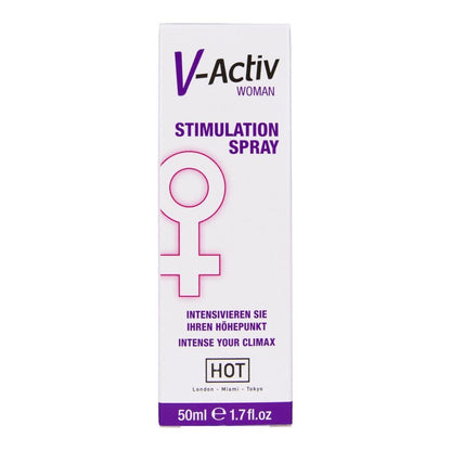 HOT V-ACTIV STIMULATION – weiß-violette Originalverpackung des Klitoris-Stimulationssprays mit großem V-Activ Schriftzug, violettem Grafikdesign und aufgedruckter Produktbezeichnung in frontaler Ansicht – erhältlich bei Evoria Care