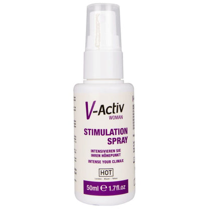 HOT V-ACTIV STIMULATION – weiße Sprühflasche des Klitoris-Stimulationssprays mit violettem V-Activ Schriftzug, weißem Sprühkopf und transparenter Schutzkappe in aufrechter Vorderansicht – erhältlich bei Evoria Care