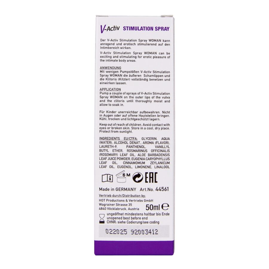HOT V-ACTIV STIMULATION – Rückseite der weiß-violetten Originalverpackung mit ausführlichen Produktinformationen, schwarzem Text und violettem unteren Verpackungsbereich – erhältlich bei Evoria Care