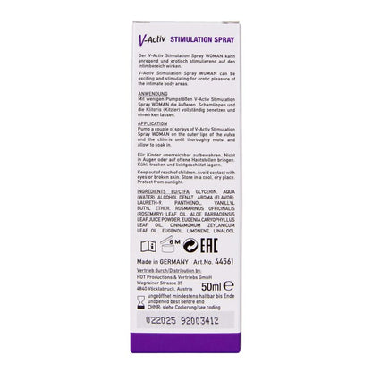 HOT V-ACTIV STIMULATION – Rückseite der weiß-violetten Originalverpackung mit ausführlichen Produktinformationen, schwarzem Text und violettem unteren Verpackungsbereich – erhältlich bei Evoria Care