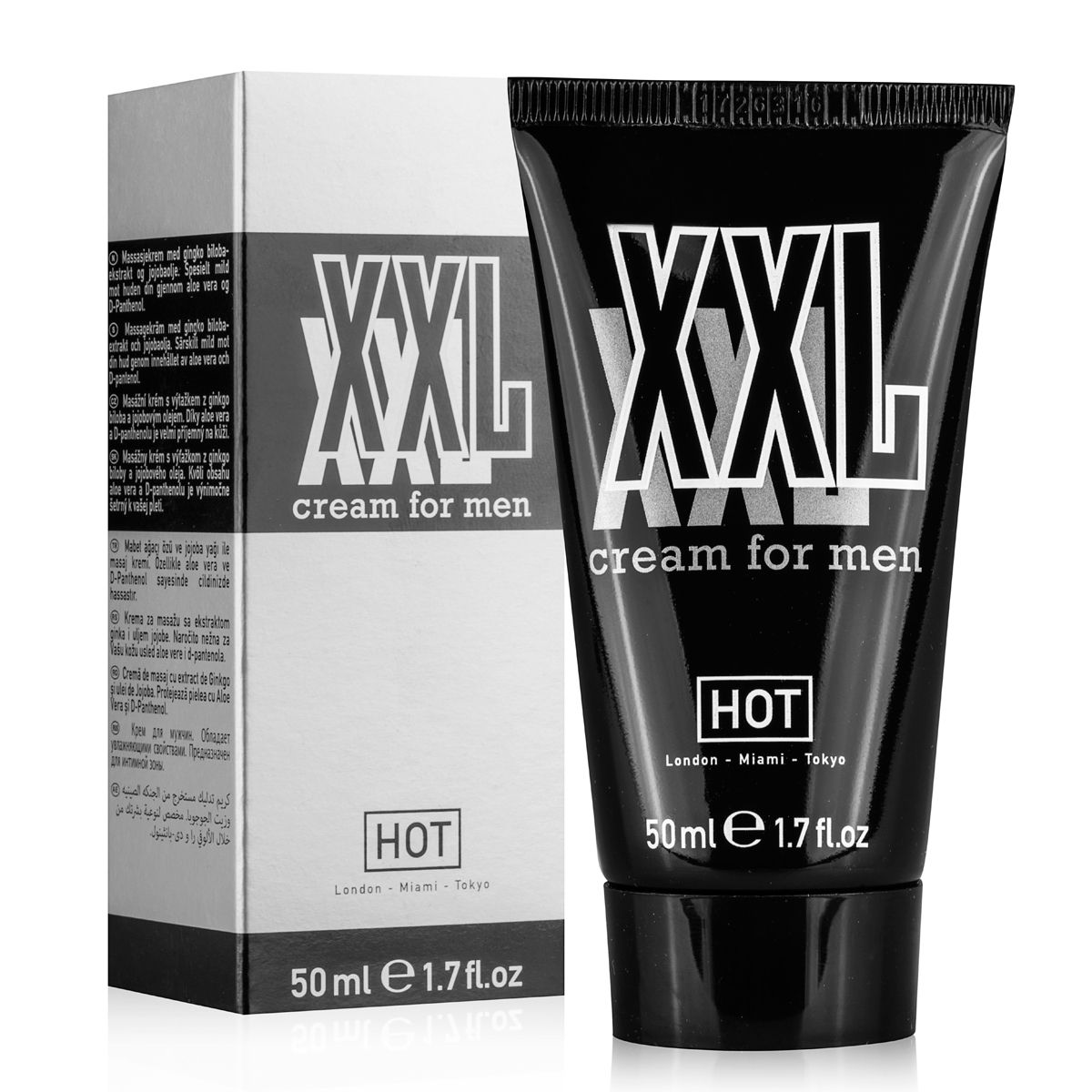 HOT XXL Cream for Men – schwarze XXL Creme-Tube neben der silbergrauen Originalverpackung mit großem XXL Schriftzug, gemeinsam in einer Produktdarstellung auf weißem Hintergrund – erhältlich bei Evoria Care