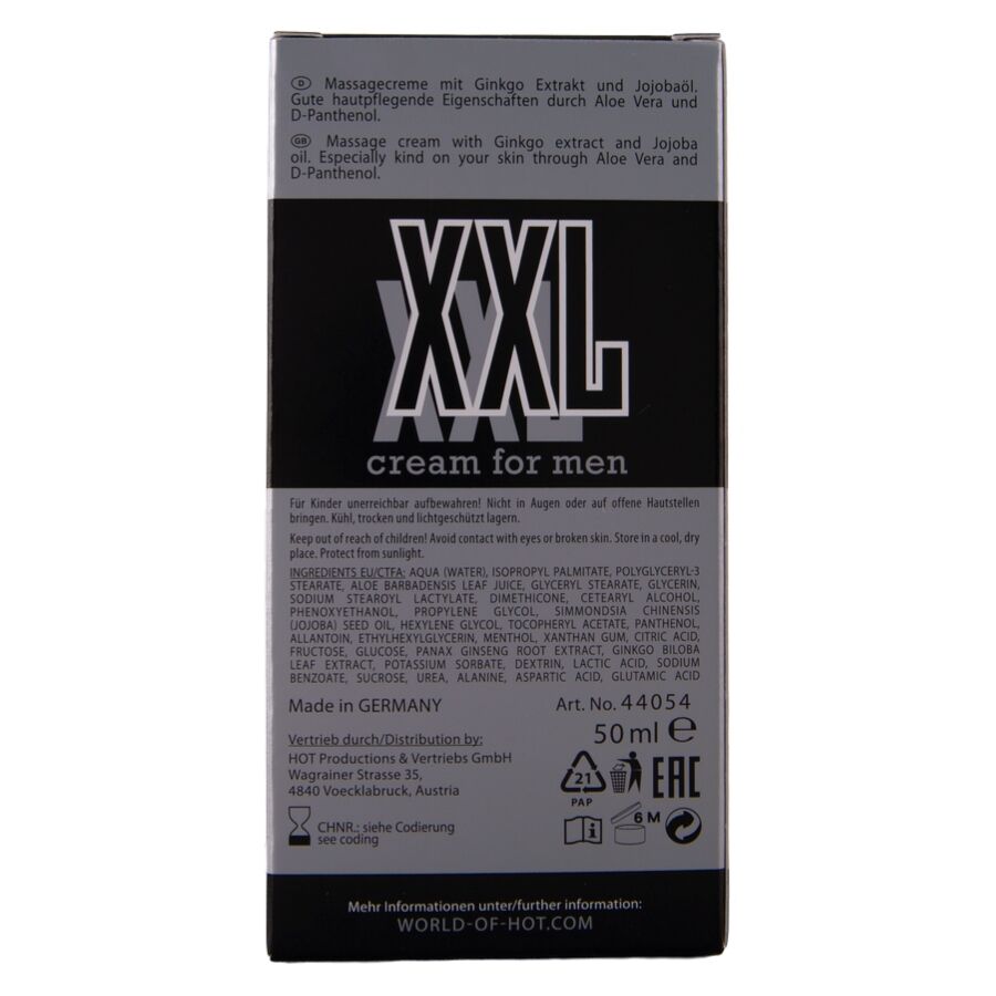 HOT XXL Cream for Men – Rückseite der silbergrauen Originalverpackung mit aufgedruckten Produktinformationen und dunklem unteren Verpackungsbereich – erhältlich bei Evoria Care