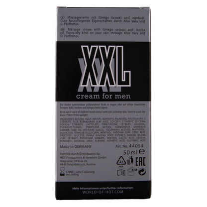 HOT XXL Cream for Men – Rückseite der silbergrauen Originalverpackung mit aufgedruckten Produktinformationen und dunklem unteren Verpackungsbereich – erhältlich bei Evoria Care