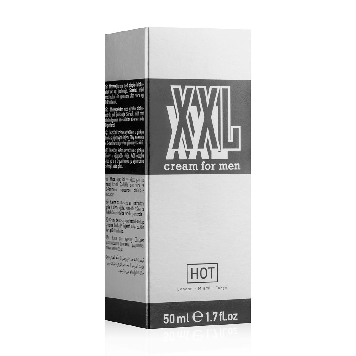HOT XXL Cream for Men – silbergraue Originalverpackung mit schwarzem XXL Schriftzug, HOT Markenlogo und dunklem unteren Bereich in weiterer aufrechter Vorderansicht – erhältlich bei Evoria Care