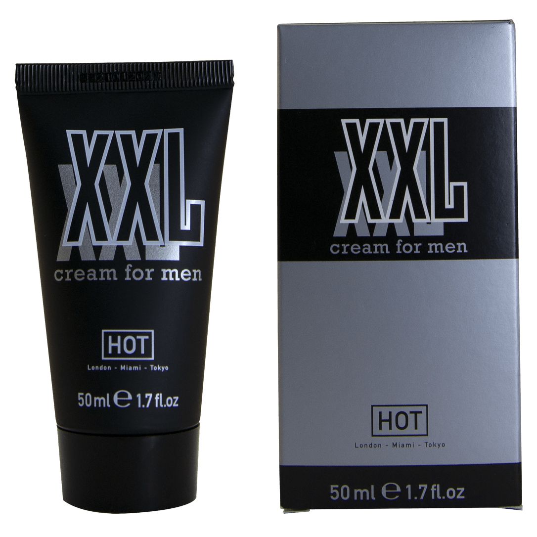 HOT XXL Cream for Men – schwarze Tube der pflegenden Peniscreme mit Jojobaöl, großem silberfarbenem XXL Schriftzug und schwarzem Verschluss neben der silbergrauen Originalverpackung auf weißem Hintergrund – erhältlich bei Evoria Care