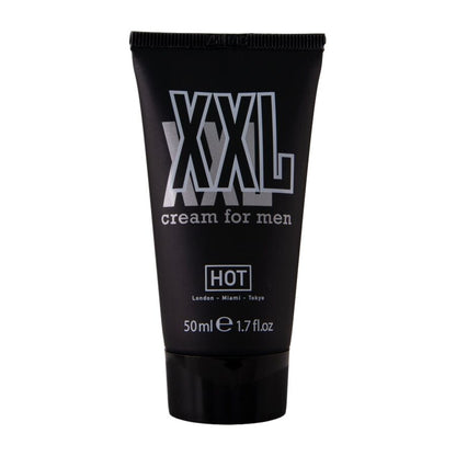 HOT XXL Cream for Men – schwarze Tube der Peniscreme mit großem silberfarbenem XXL Schriftzug, dezenter Produktbeschriftung und schwarzem Verschluss in aufrechter Vorderansicht – erhältlich bei Evoria Care
