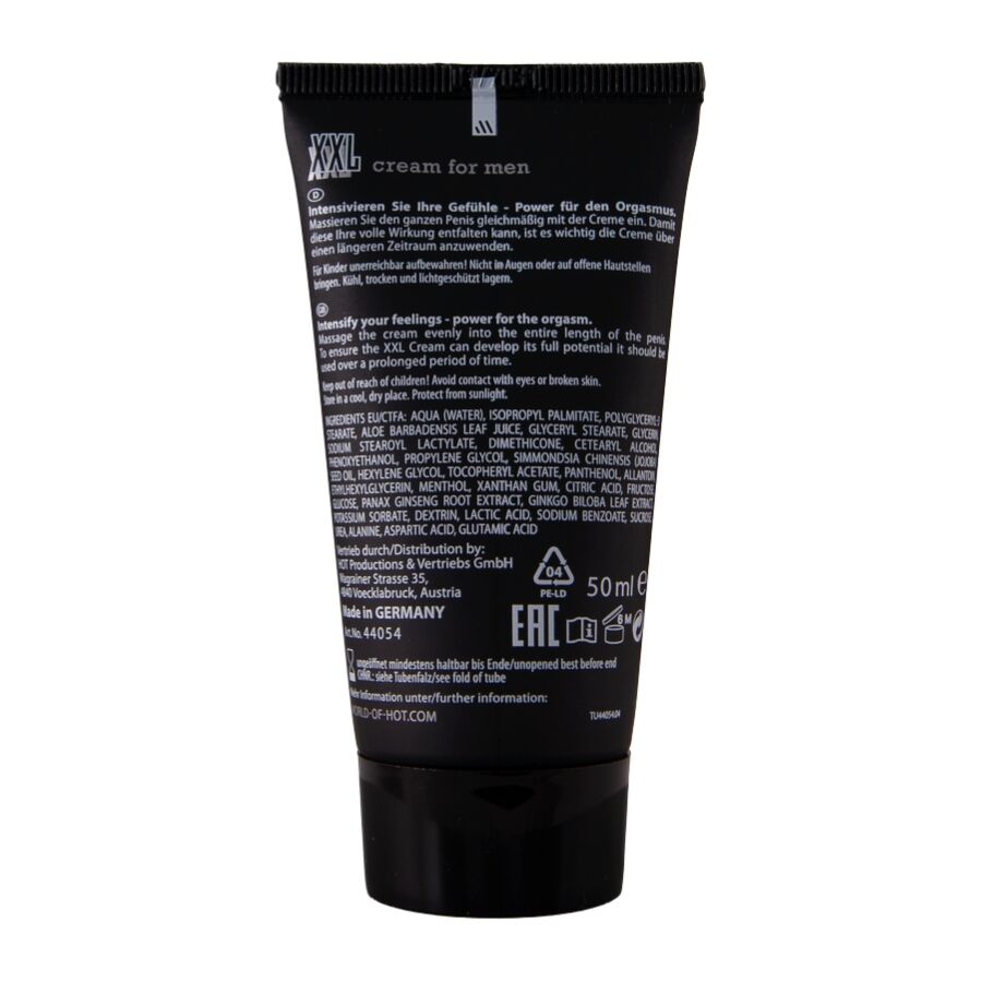 HOT XXL Cream for Men – Rückseite der schwarzen Peniscreme-Tube mit aufgedruckten Produktinformationen, weißer Beschriftung und schwarzem Verschluss auf weißem Hintergrund – erhältlich bei Evoria Care