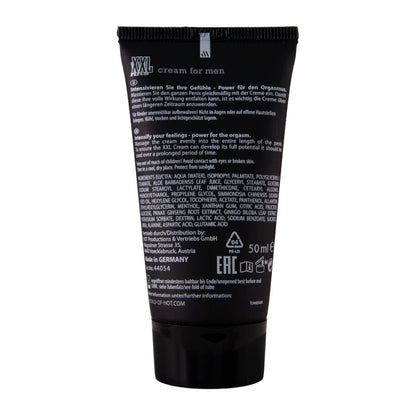 HOT XXL Cream for Men – Rückseite der schwarzen Peniscreme-Tube mit aufgedruckten Produktinformationen, weißer Beschriftung und schwarzem Verschluss auf weißem Hintergrund – erhältlich bei Evoria Care