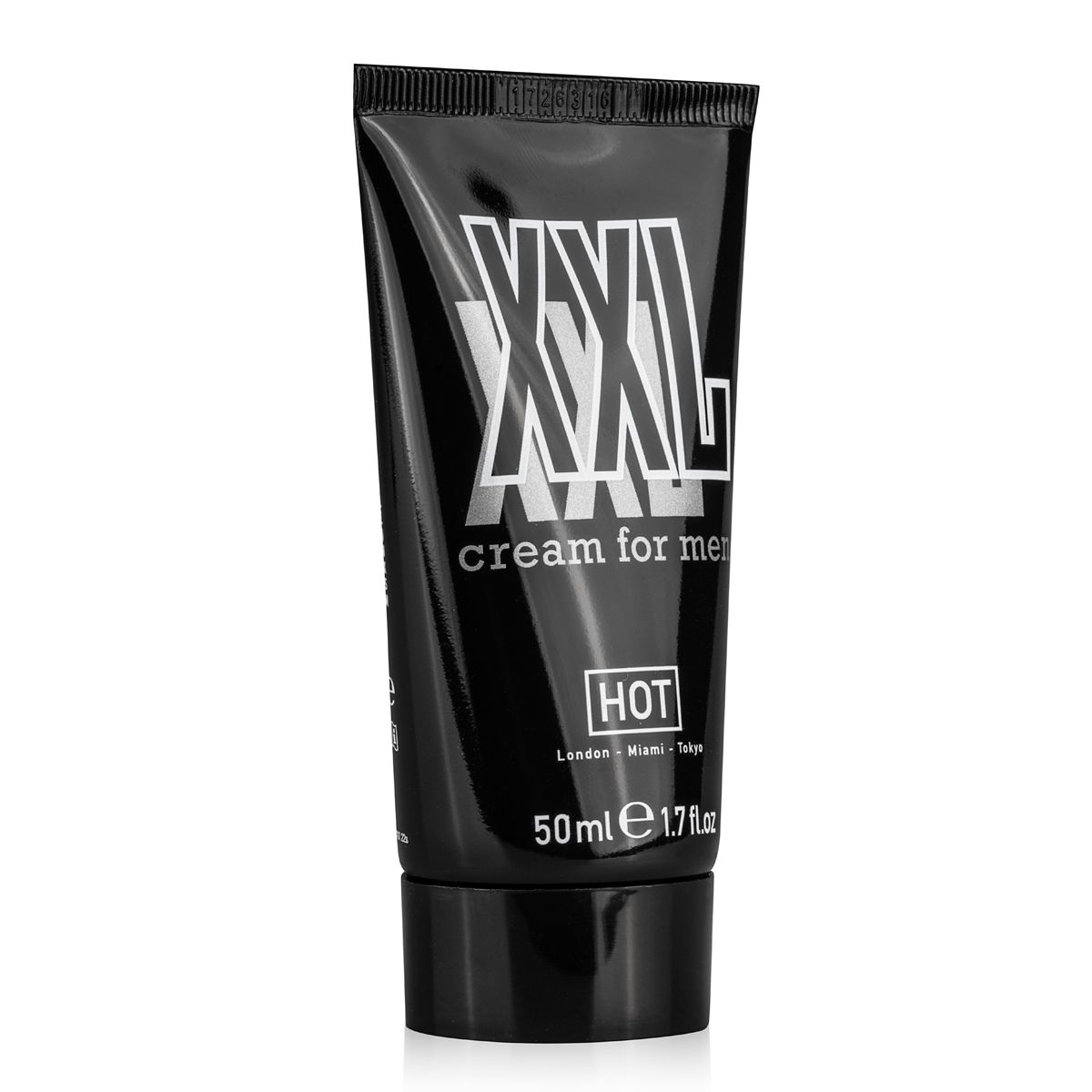 HOT XXL Cream for Men – schwarze Peniscreme-Tube mit großem silberfarbenem XXL Schriftzug und dezenter Produktbeschriftung in einer weiteren frontalen Produktansicht – erhältlich bei Evoria Care