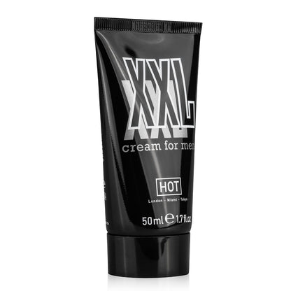 HOT XXL Cream for Men – schwarze Peniscreme-Tube mit großem silberfarbenem XXL Schriftzug und dezenter Produktbeschriftung in einer weiteren frontalen Produktansicht – erhältlich bei Evoria Care