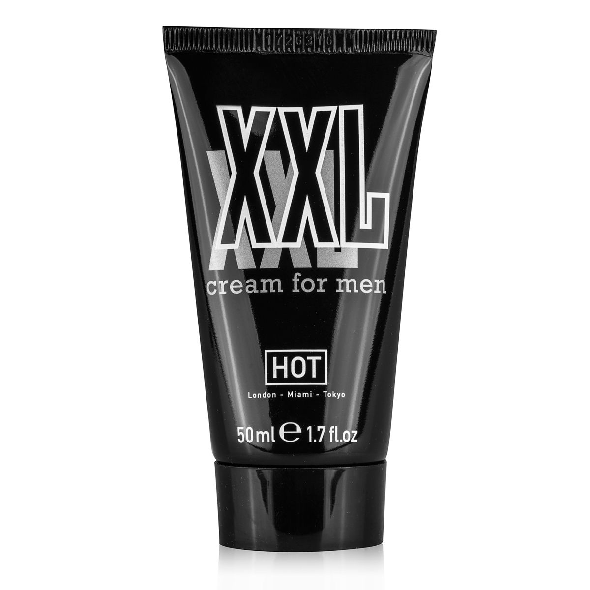 HOT XXL Cream for Men – schwarze Tube der pflegenden Peniscreme mit silberfarbenem XXL Schriftzug, HOT Markenlogo und schwarzem Verschluss in vollständiger aufrechter Produktansicht – erhältlich bei Evoria Care