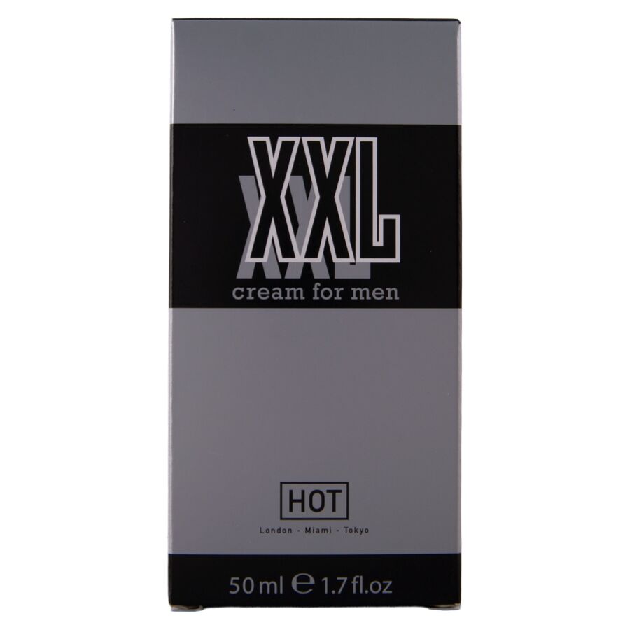 HOT XXL Cream for Men – silbergraue Originalverpackung der Männercreme mit schwarzem XXL Cream for Men Schriftzug und HOT Markenlogo in aufrechter Vorderansicht – erhältlich bei Evoria Care