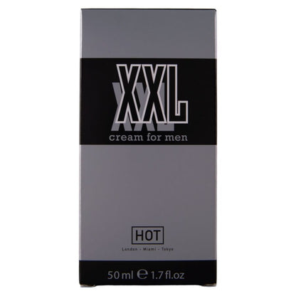 HOT XXL Cream for Men – silbergraue Originalverpackung der Männercreme mit schwarzem XXL Cream for Men Schriftzug und HOT Markenlogo in aufrechter Vorderansicht – erhältlich bei Evoria Care