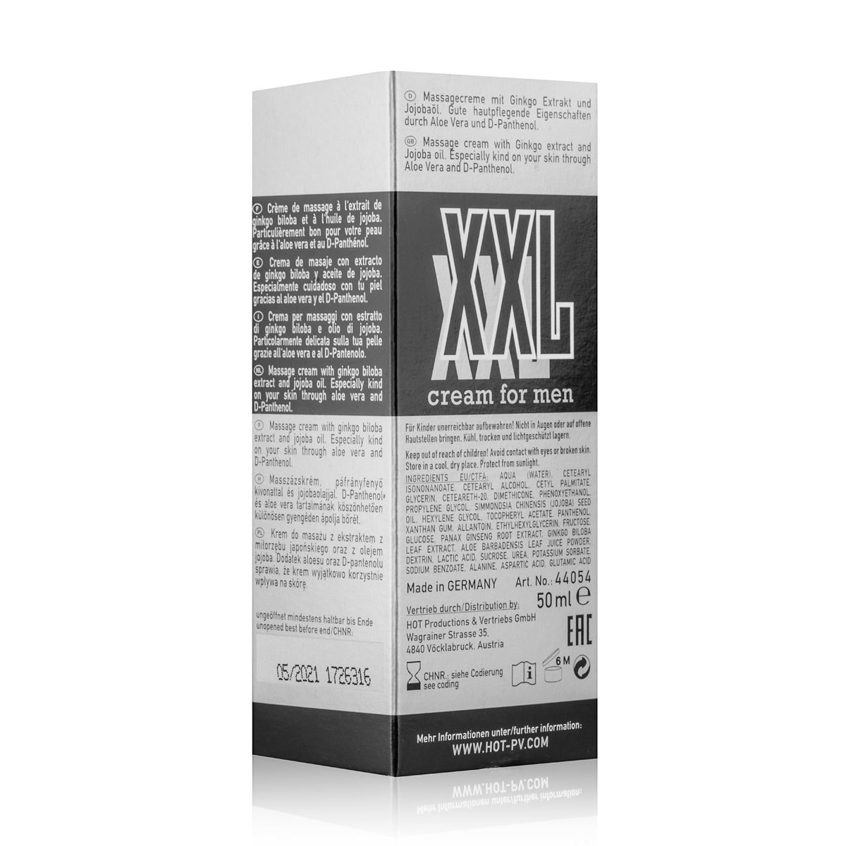 HOT XXL Cream for Men – silbergraue Originalverpackung mit schwarzem Informationstext, Produktangaben und dunklem unteren Verpackungsbereich in aufrechter Rückansicht – erhältlich bei Evoria Care