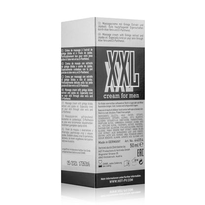 HOT XXL Cream for Men – silbergraue Originalverpackung mit schwarzem Informationstext, Produktangaben und dunklem unteren Verpackungsbereich in aufrechter Rückansicht – erhältlich bei Evoria Care