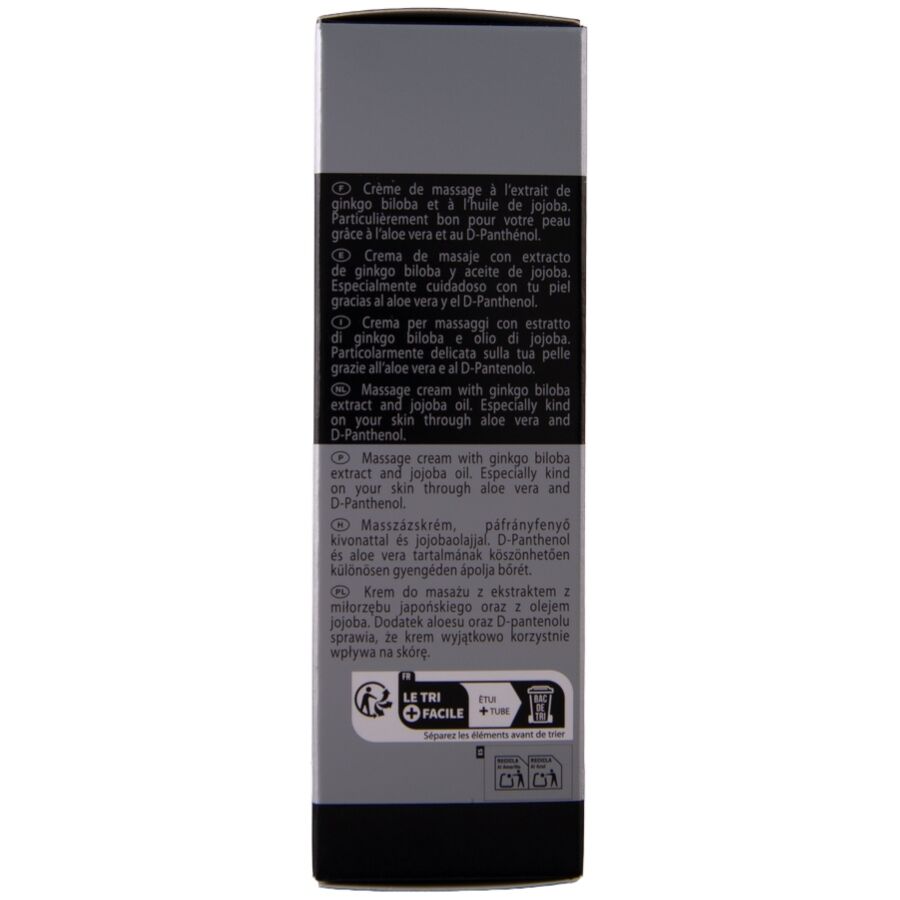 HOT XXL Cream for Men – silbergraue Verpackungsseite der Peniscreme mit schwarzem Informationstext und Angaben zum Produkt in aufrechter Detailansicht – erhältlich bei Evoria Care