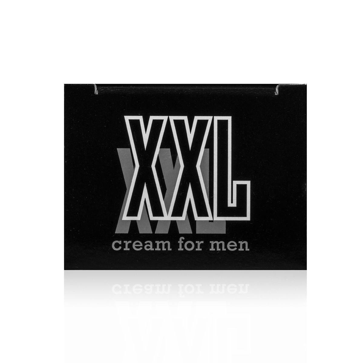HOT XXL Cream for Men – schwarze Verpackungsoberseite mit großem silberfarbenem XXL Schriftzug und dezenter Produktbeschriftung in frontaler Detailansicht – erhältlich bei Evoria Care